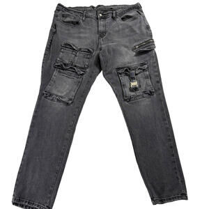 Mens Black Cargo Jeans Size 38 Slim Straight Zipper Pocket Grunge Streetwear Y2K